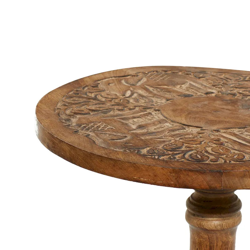 Table d'appoint en bois de manguier avec motifs d'éléphants ou floraux finement sculptés à la main, base tournée - marron foncé.