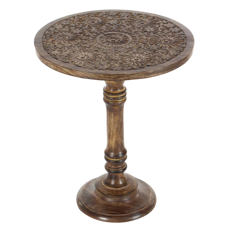 Table d'appoint en bois de manguier avec motifs d'éléphants ou floraux finement sculptés à la main, base tournée - marron foncé.