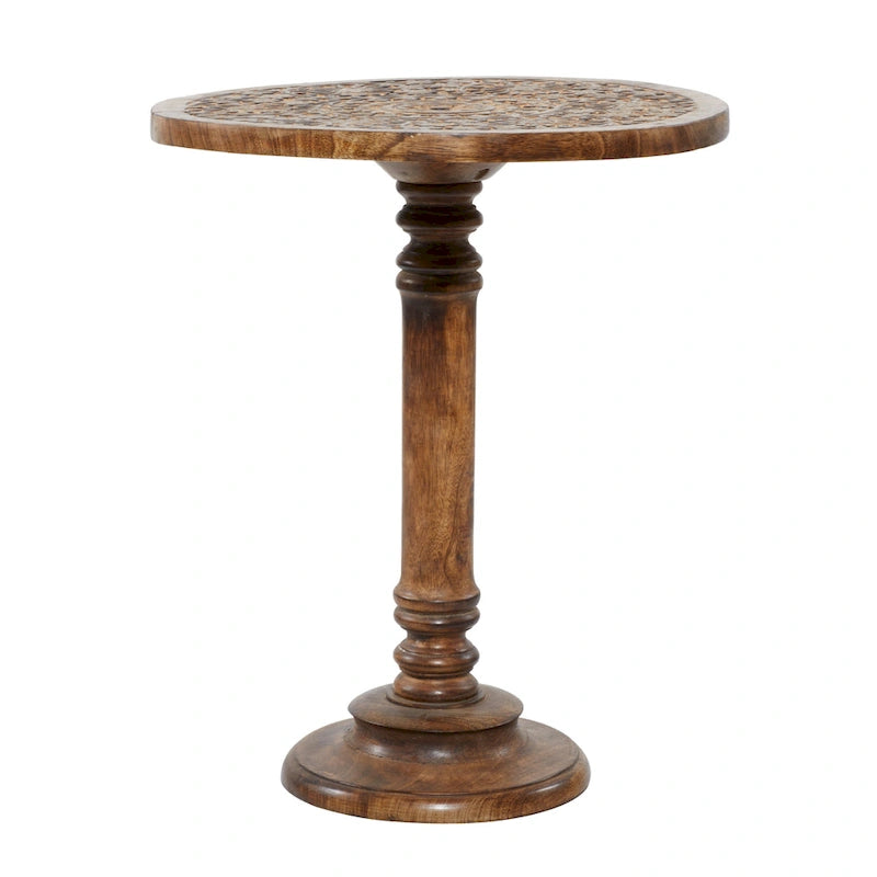 Table d'appoint en bois de manguier avec motifs d'éléphants ou floraux finement sculptés à la main, base tournée - marron foncé.