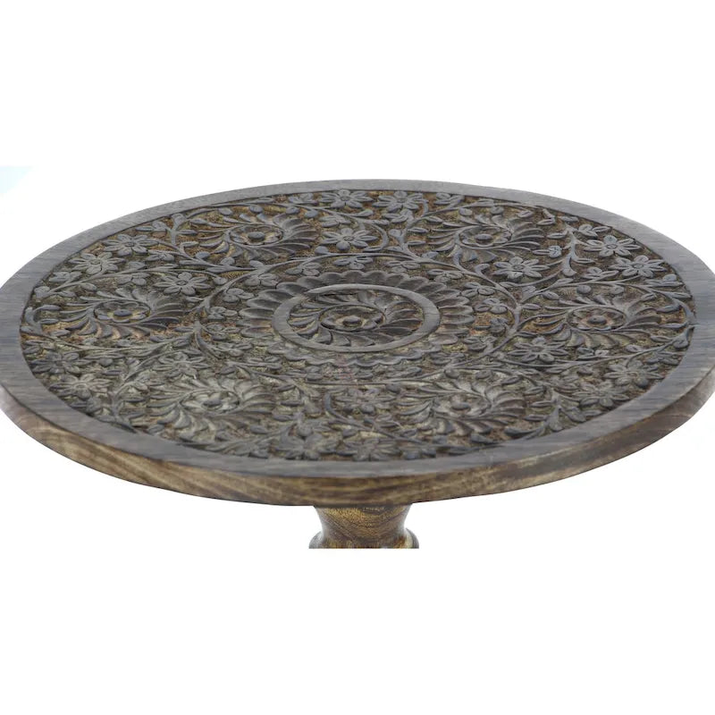 Table d'appoint en bois de manguier avec motifs d'éléphants ou floraux finement sculptés à la main, base tournée - marron foncé.