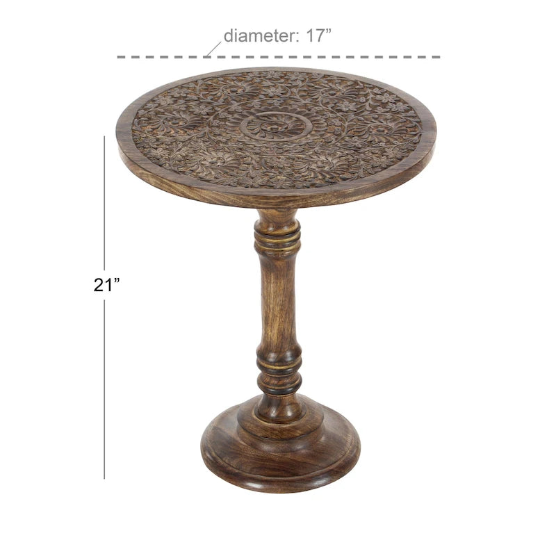 Table d'appoint en bois de manguier avec motifs d'éléphants ou floraux finement sculptés à la main, base tournée - marron foncé.