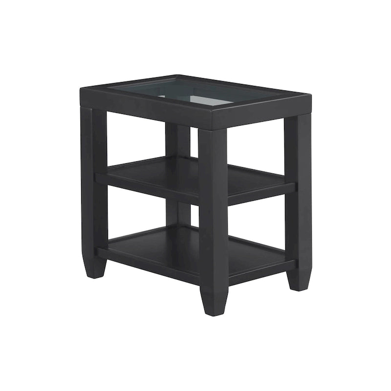 Table d'appoint de 40 cm de large avec plateau en bois et verre, dotée d'étagères.