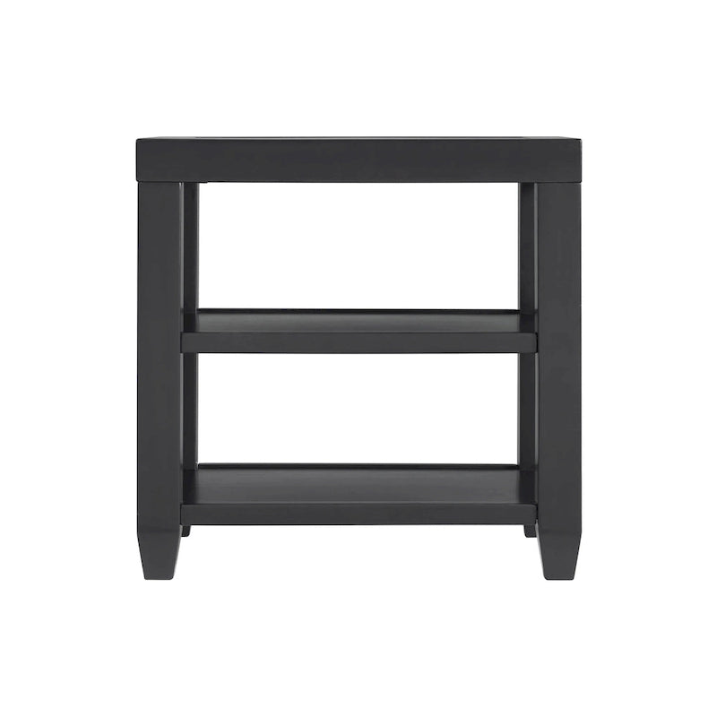 Table d'appoint de 40 cm de large avec plateau en bois et verre, dotée d'étagères.