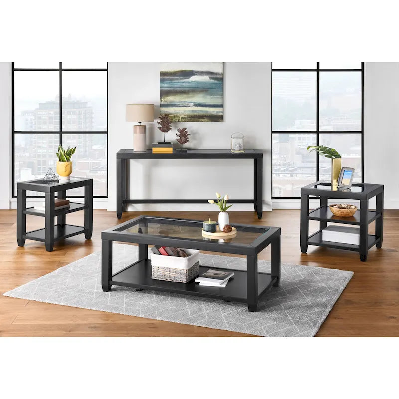 Table d'appoint de 40 cm de large avec plateau en bois et verre, dotée d'étagères.