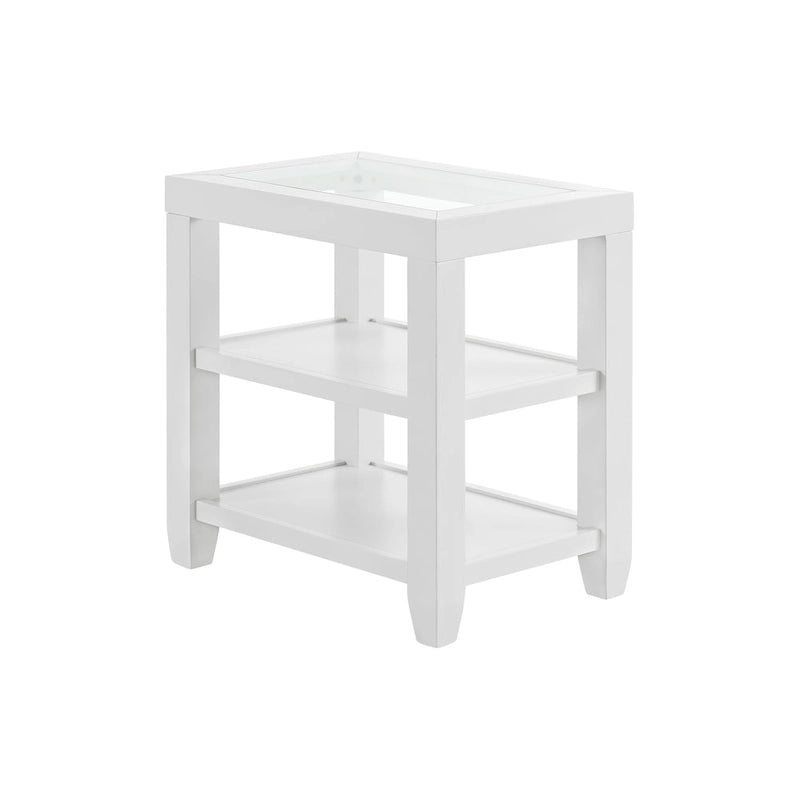 Table d'appoint de 40 cm de large avec plateau en bois et verre, dotée d'étagères.