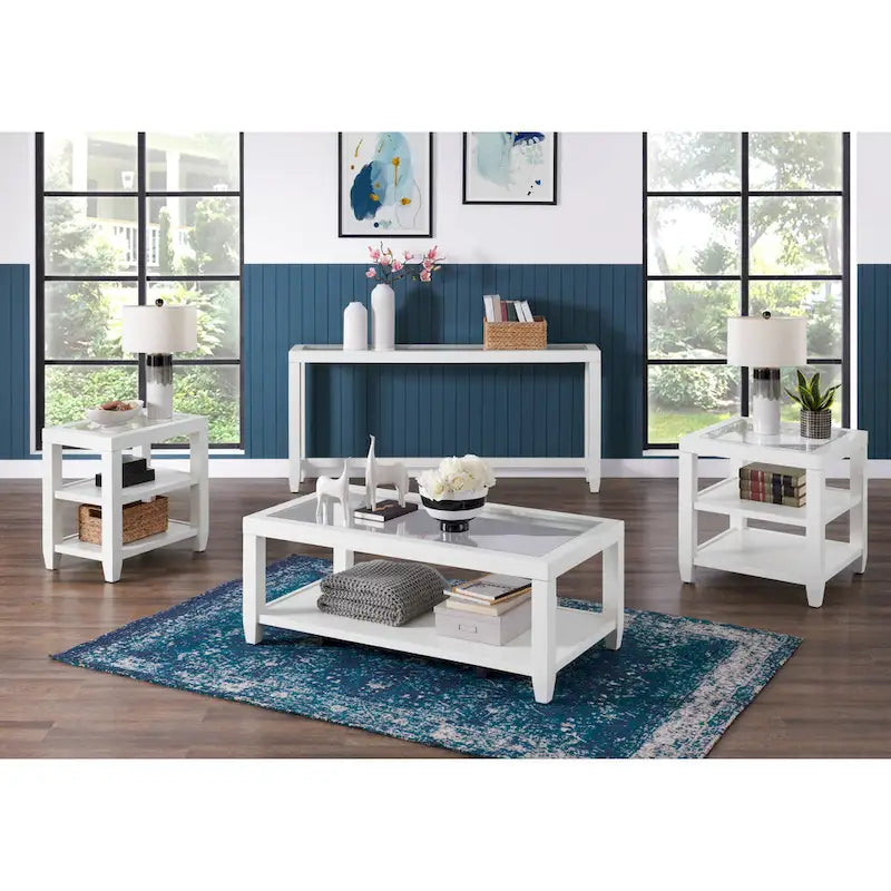 Table d'appoint de 40 cm de large avec plateau en bois et verre, dotée d'étagères.