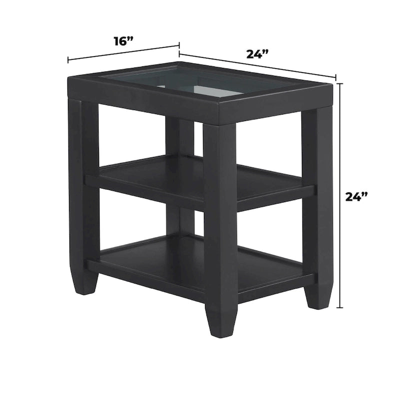 Table d'appoint de 40 cm de large avec plateau en bois et verre, dotée d'étagères.