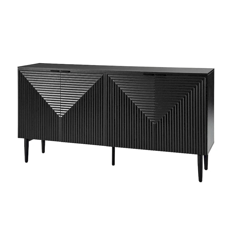 Buffet moderne de 160 cm de large à quatre portes, avec range-bouteilles et pieds en métal.