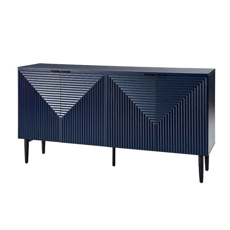 Buffet moderne de 160 cm de large à quatre portes, avec range-bouteilles et pieds en métal.