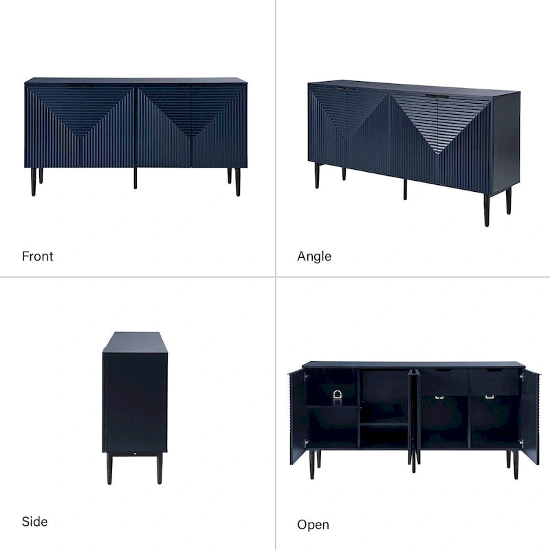 Buffet moderne de 160 cm de large à quatre portes, avec range-bouteilles et pieds en métal.