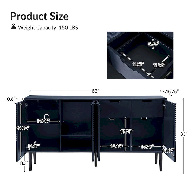 Buffet moderne de 160 cm de large à quatre portes, avec range-bouteilles et pieds en métal.