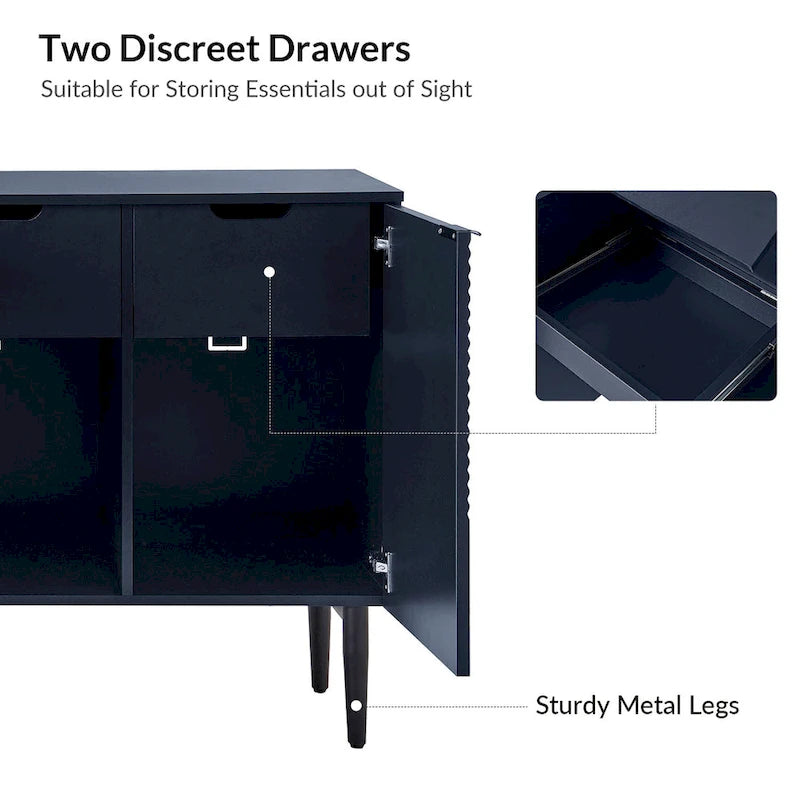 Buffet moderne de 160 cm de large à quatre portes, avec range-bouteilles et pieds en métal.