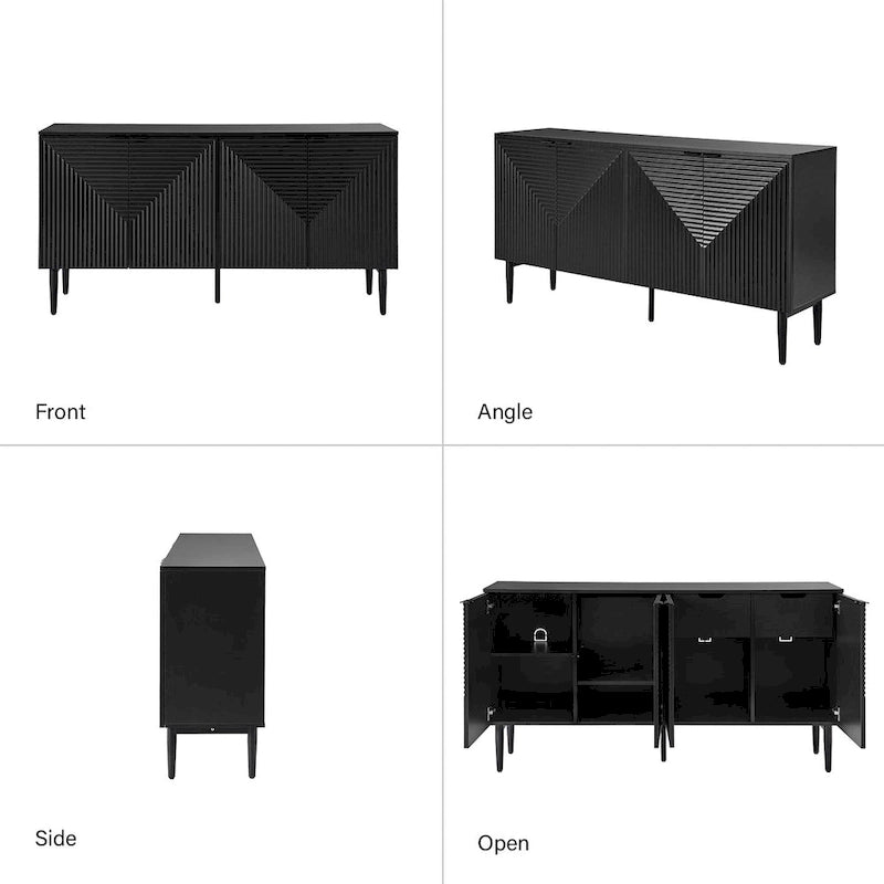 Buffet moderne de 160 cm de large à quatre portes, avec range-bouteilles et pieds en métal.