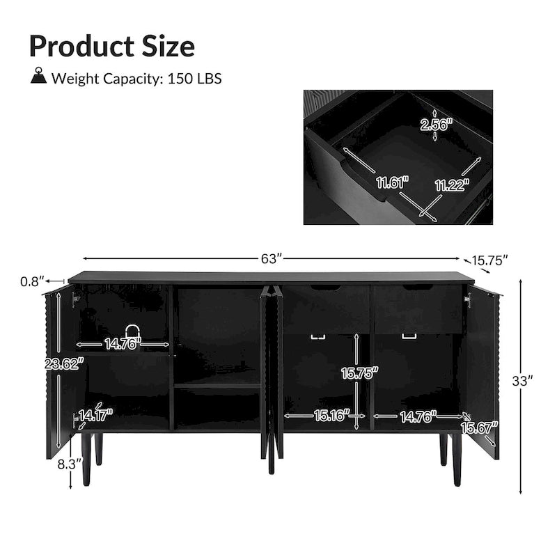 Buffet moderne de 160 cm de large à quatre portes, avec range-bouteilles et pieds en métal.