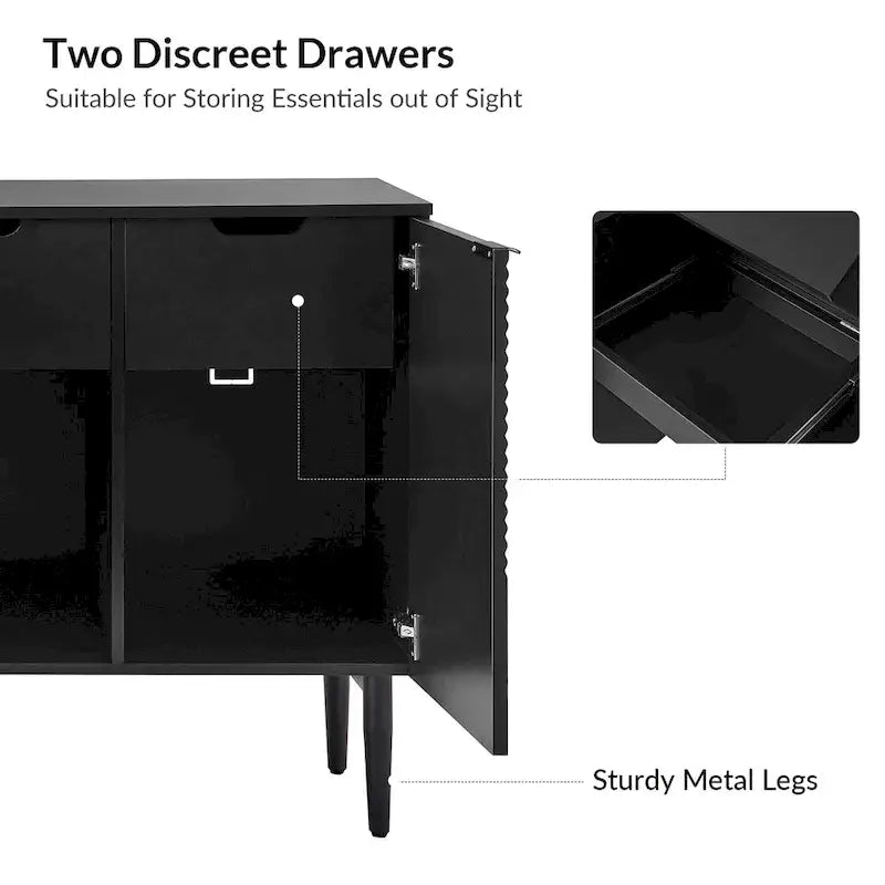 Buffet moderne de 160 cm de large à quatre portes, avec range-bouteilles et pieds en métal.