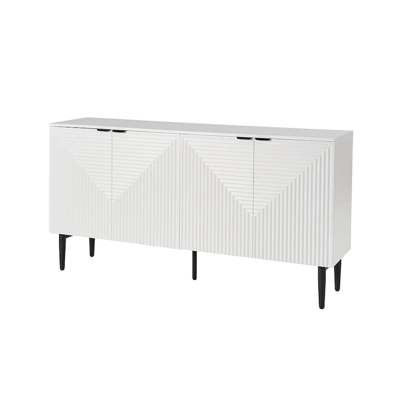 Buffet moderne de 160 cm de large à quatre portes, avec range-bouteilles et pieds en métal.