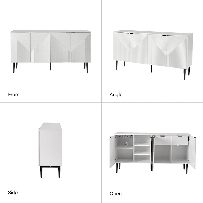 Buffet moderne de 160 cm de large à quatre portes, avec range-bouteilles et pieds en métal.