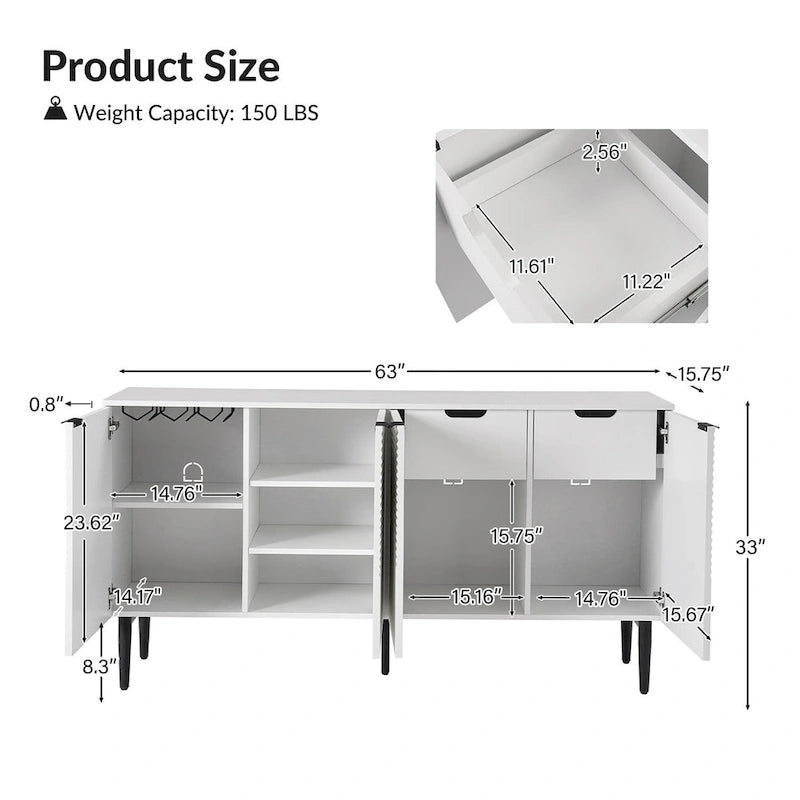 Buffet moderne de 160 cm de large à quatre portes, avec range-bouteilles et pieds en métal.
