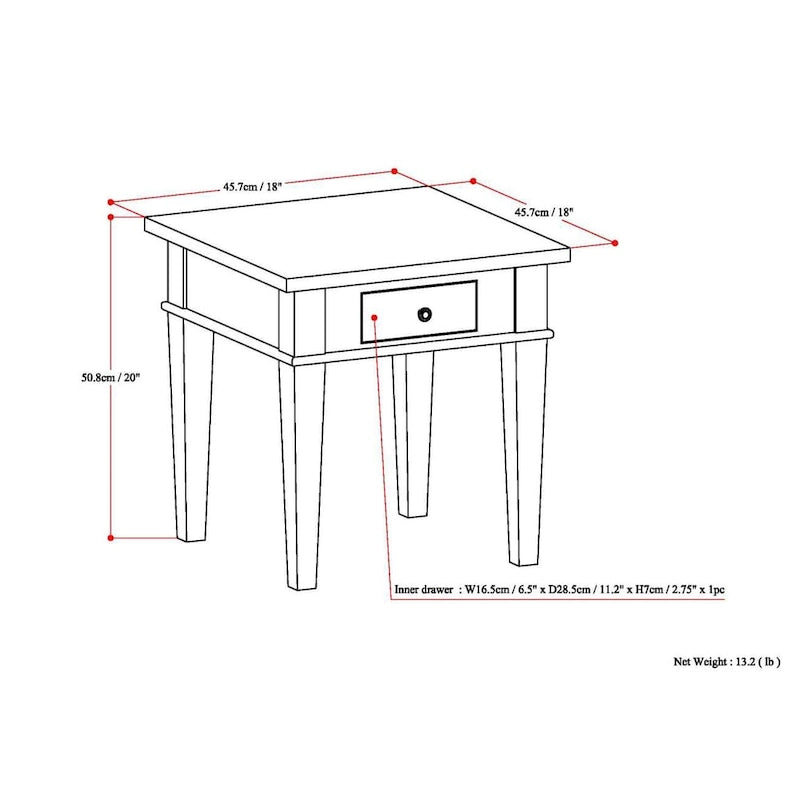 Table d'appoint rectangulaire de style transitionnel en bois massif de 45,7 cm de large - 45,7 cm de large x 45,7 cm de profondeur x 50,8 cm de haut