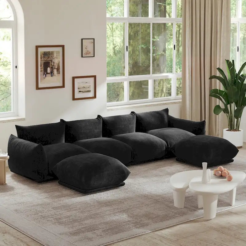 Canapé d'angle en tissu chenille en U 4 places avec 2 poufs
