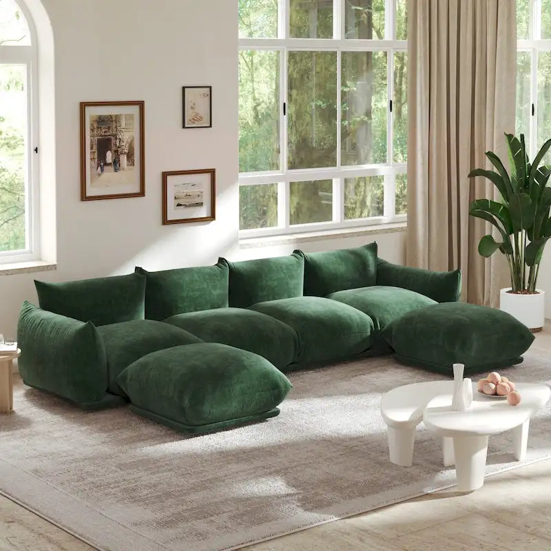 Canapé d'angle en tissu chenille en U 4 places avec 2 poufs