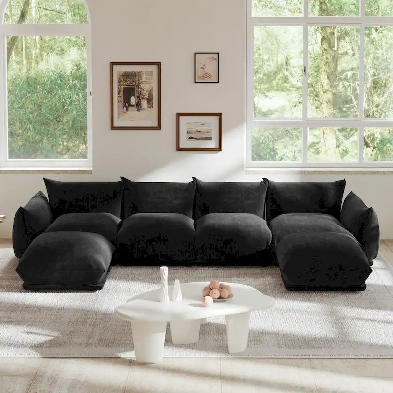 Canapé d'angle en tissu chenille en U 4 places avec 2 poufs