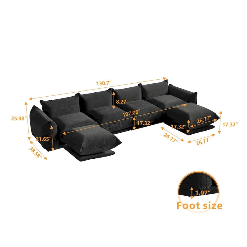 Canapé d'angle en tissu chenille en U 4 places avec 2 poufs