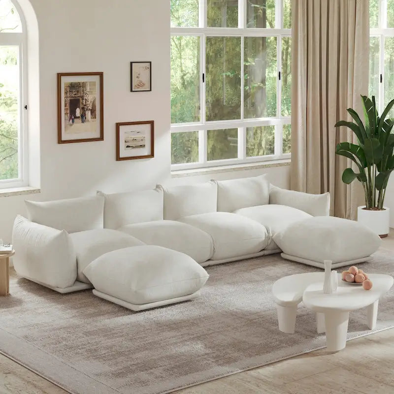 Canapé d'angle en tissu chenille en U 4 places avec 2 poufs