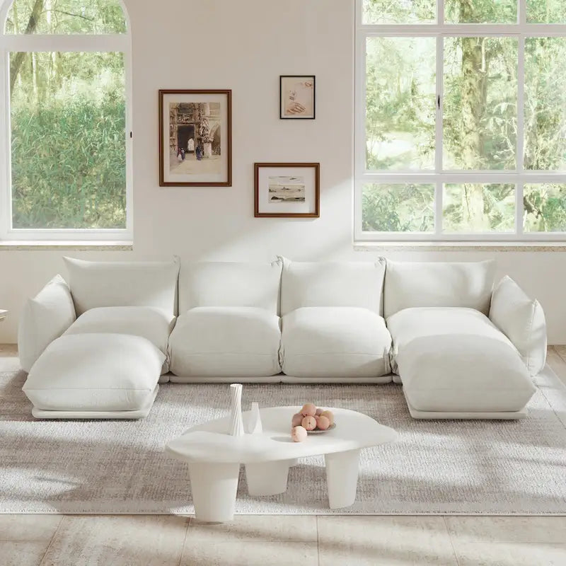 Canapé d'angle en tissu chenille en U 4 places avec 2 poufs
