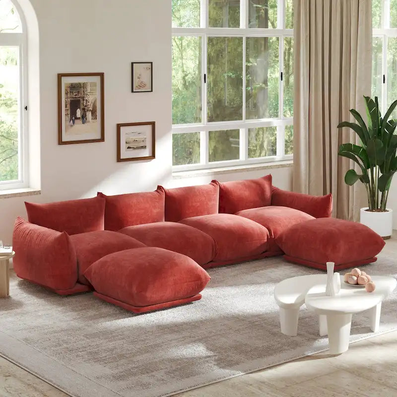 Canapé d'angle en tissu chenille en U 4 places avec 2 poufs