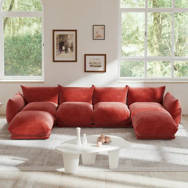 Canapé d'angle en tissu chenille en U 4 places avec 2 poufs