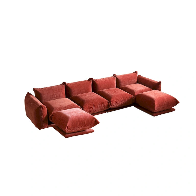 Canapé d'angle en tissu chenille en U 4 places avec 2 poufs