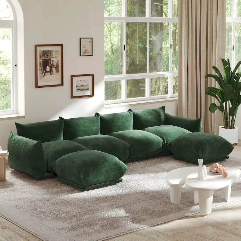 Canapé d'angle en tissu chenille en U 4 places avec 2 poufs