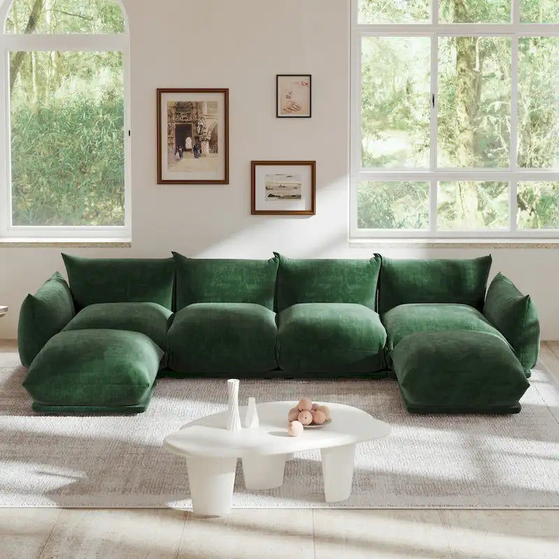 Canapé d'angle en tissu chenille en U 4 places avec 2 poufs