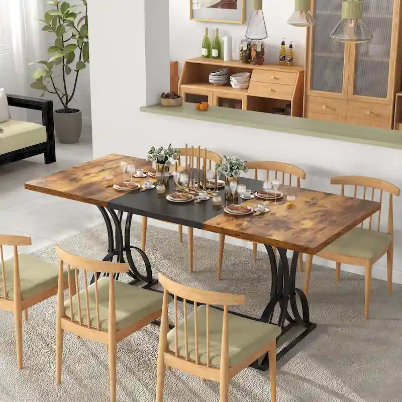 Une table à manger rectangulaire en bois et métal, de style rustique, pouvant accueillir 6 à 8 personnes.