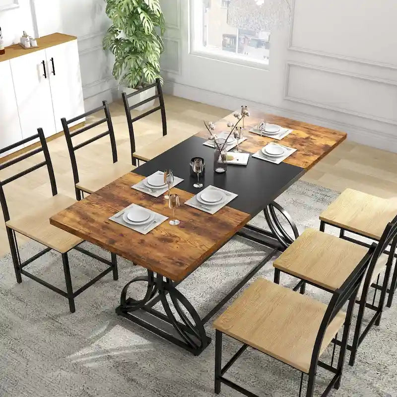 Une table à manger rectangulaire en bois et métal, de style rustique, pouvant accueillir 6 à 8 personnes.