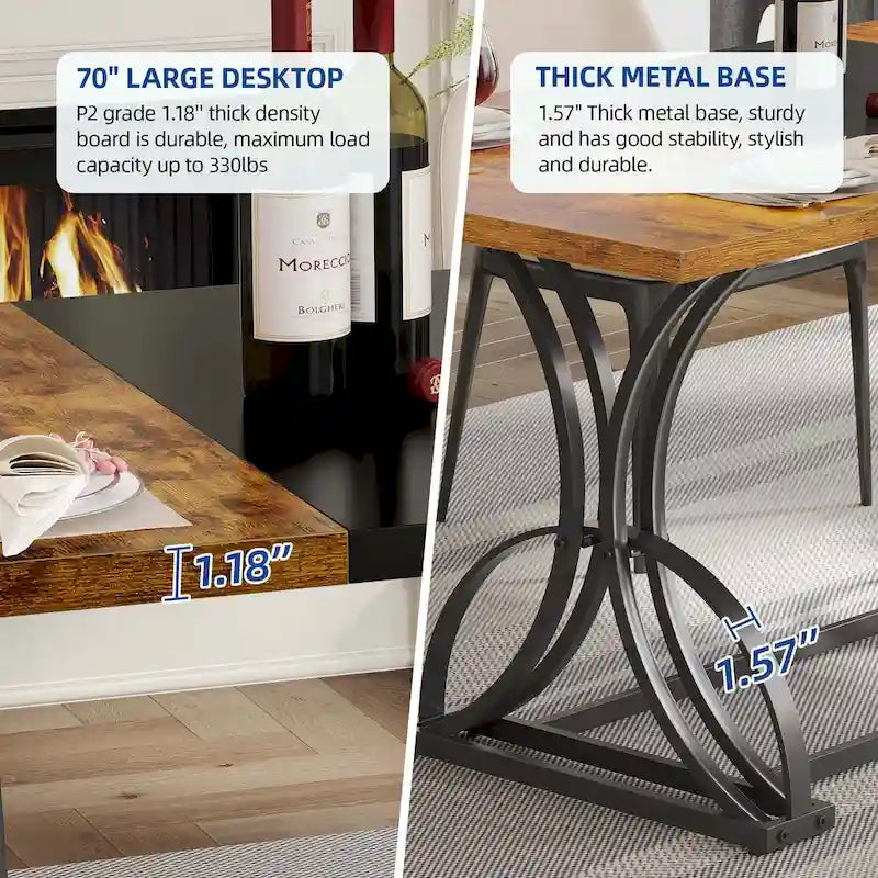 Une table à manger rectangulaire en bois et métal, de style rustique, pouvant accueillir 6 à 8 personnes.