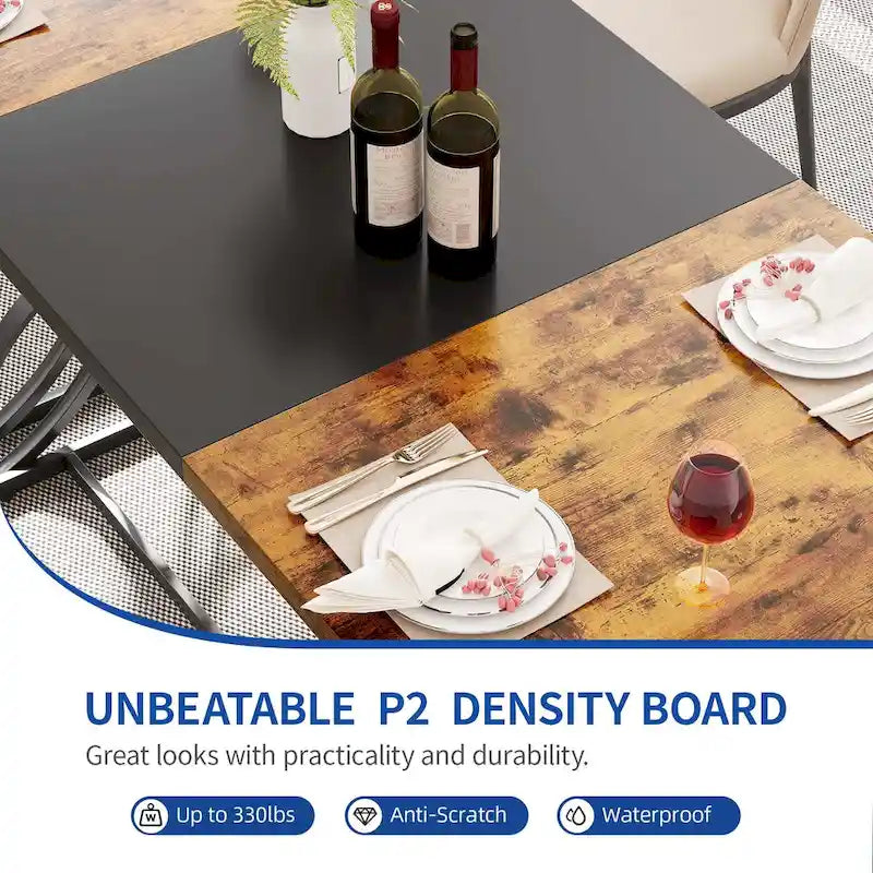Une table à manger rectangulaire en bois et métal, de style rustique, pouvant accueillir 6 à 8 personnes.
