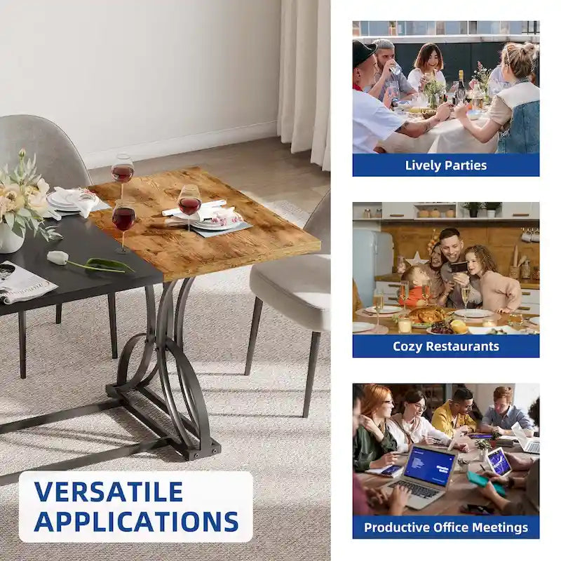 Une table à manger rectangulaire en bois et métal, de style rustique, pouvant accueillir 6 à 8 personnes.