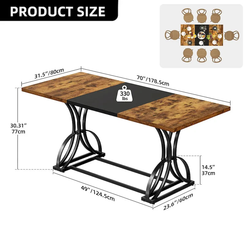Une table à manger rectangulaire en bois et métal, de style rustique, pouvant accueillir 6 à 8 personnes.