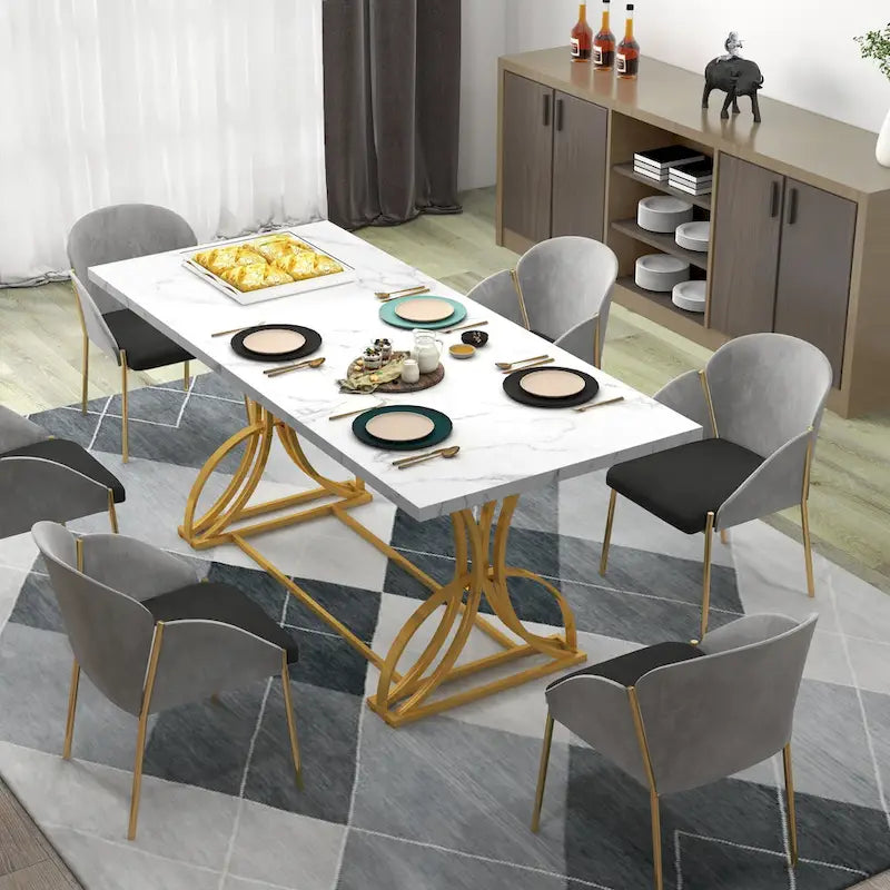 Une table à manger rectangulaire en bois et métal, de style rustique, pouvant accueillir 6 à 8 personnes.