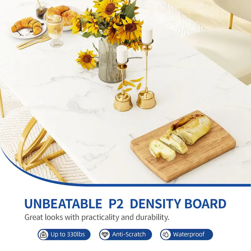 Une table à manger rectangulaire en bois et métal, de style rustique, pouvant accueillir 6 à 8 personnes.