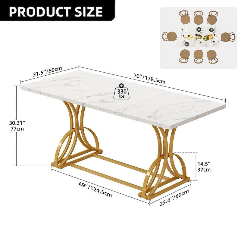 Une table à manger rectangulaire en bois et métal, de style rustique, pouvant accueillir 6 à 8 personnes.