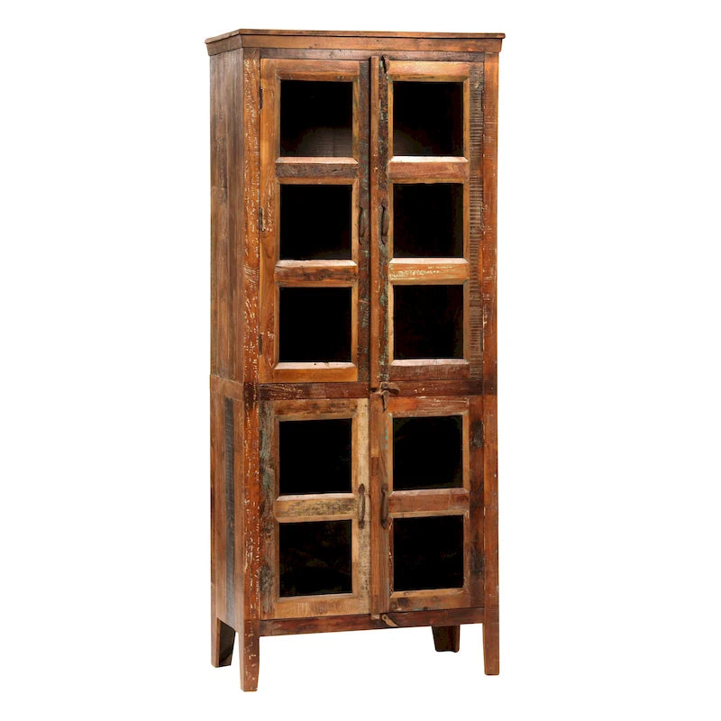 Casier de 213 cm en bois de manguier recyclé et verre, avec peinture vieillie de haute qualité
