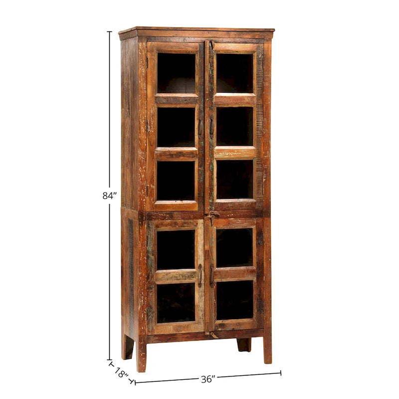 Casier de 213 cm en bois de manguier recyclé et verre, avec peinture vieillie de haute qualité