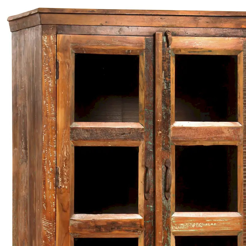 Casier de 213 cm en bois de manguier recyclé et verre, avec peinture vieillie de haute qualité