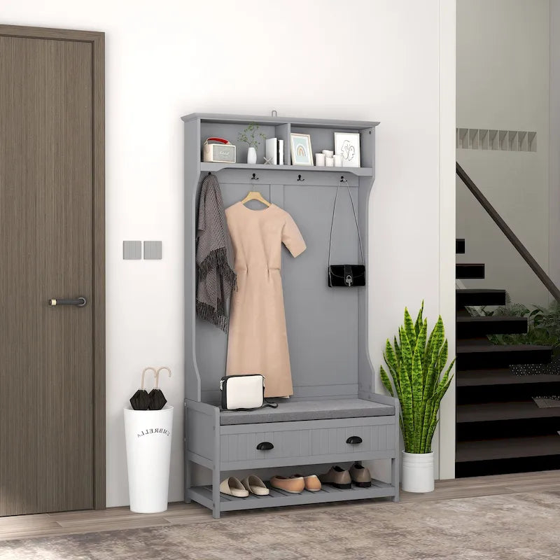 Banc porte-manteau pour entrée, avec 4 patères, 2 tiroirs et un siège rembourré, gris.