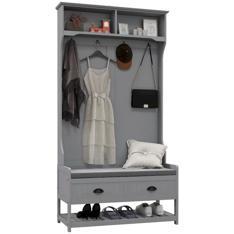 Banc porte-manteau pour entrée, avec 4 patères, 2 tiroirs et un siège rembourré, gris.