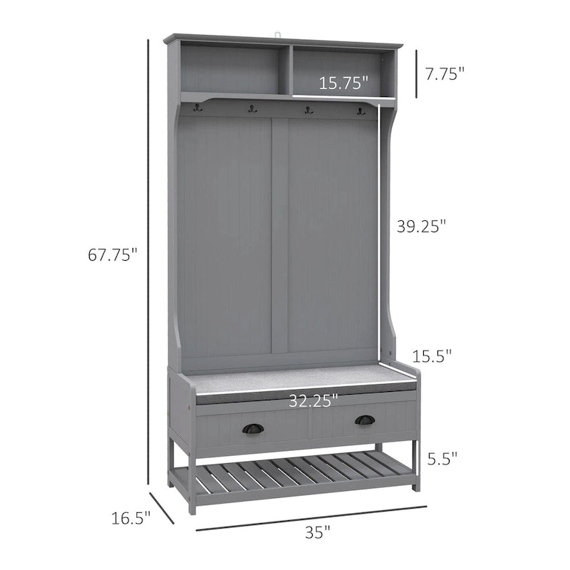Banc porte-manteau pour entrée, avec 4 patères, 2 tiroirs et un siège rembourré, gris.