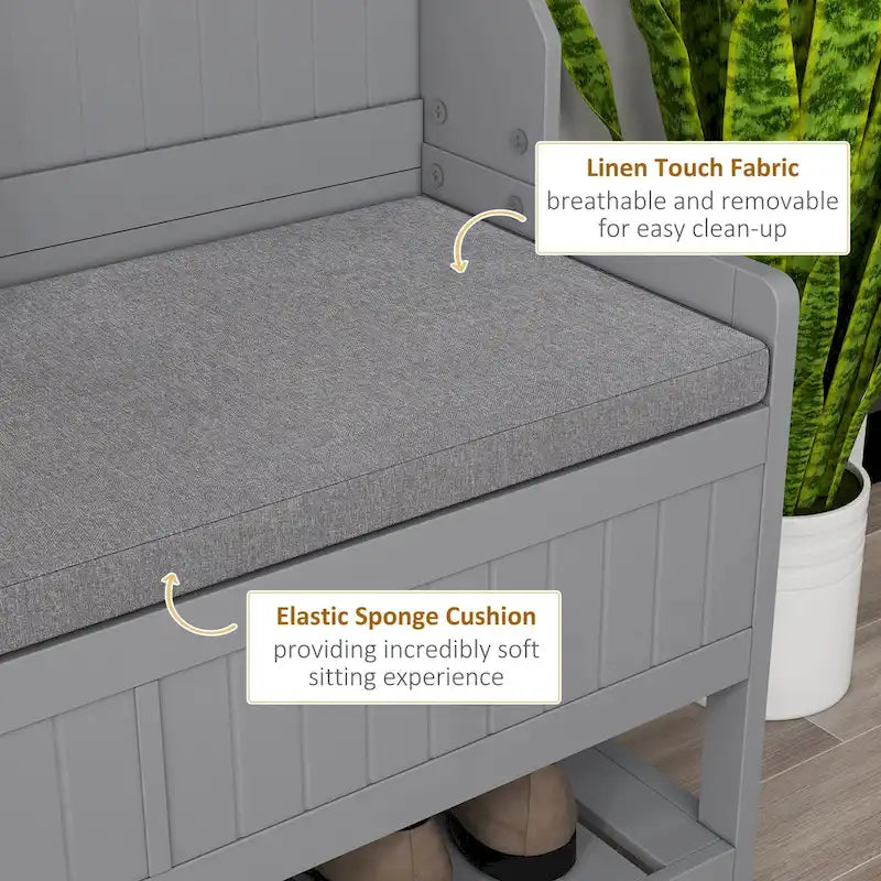 Banc porte-manteau pour entrée, avec 4 patères, 2 tiroirs et un siège rembourré, gris.